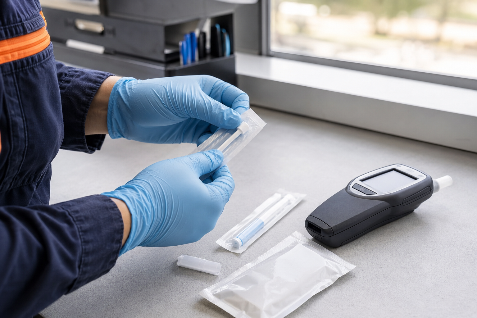 Representative workplace drug and alcohol testing equipment prepared in an industrial workplace